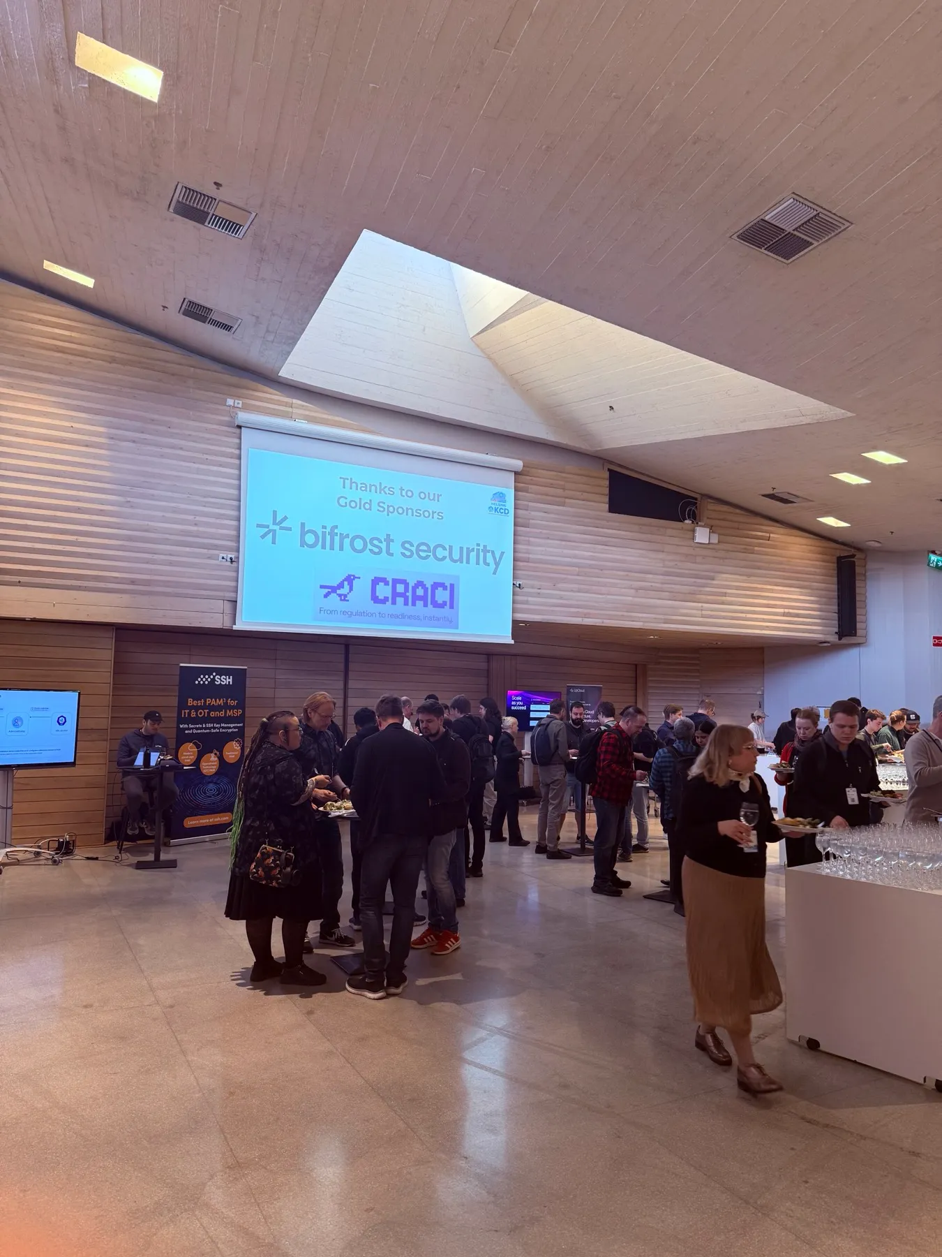 A KCD Helsinki session screen thanking the gold sponsors, with bifrost security listed.