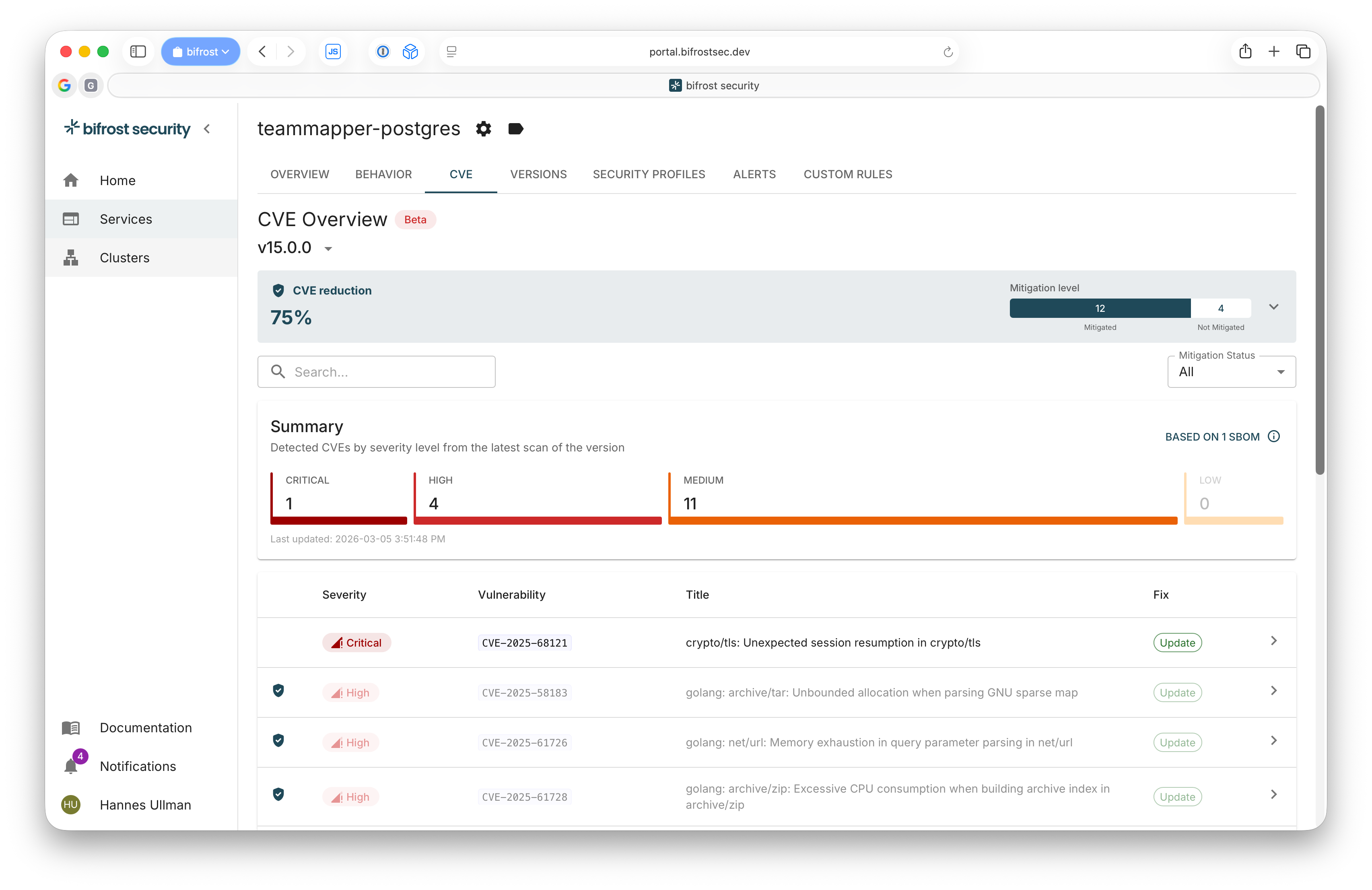 bifrost CVE prioritization view showing vulnerabilities filtered by runtime context