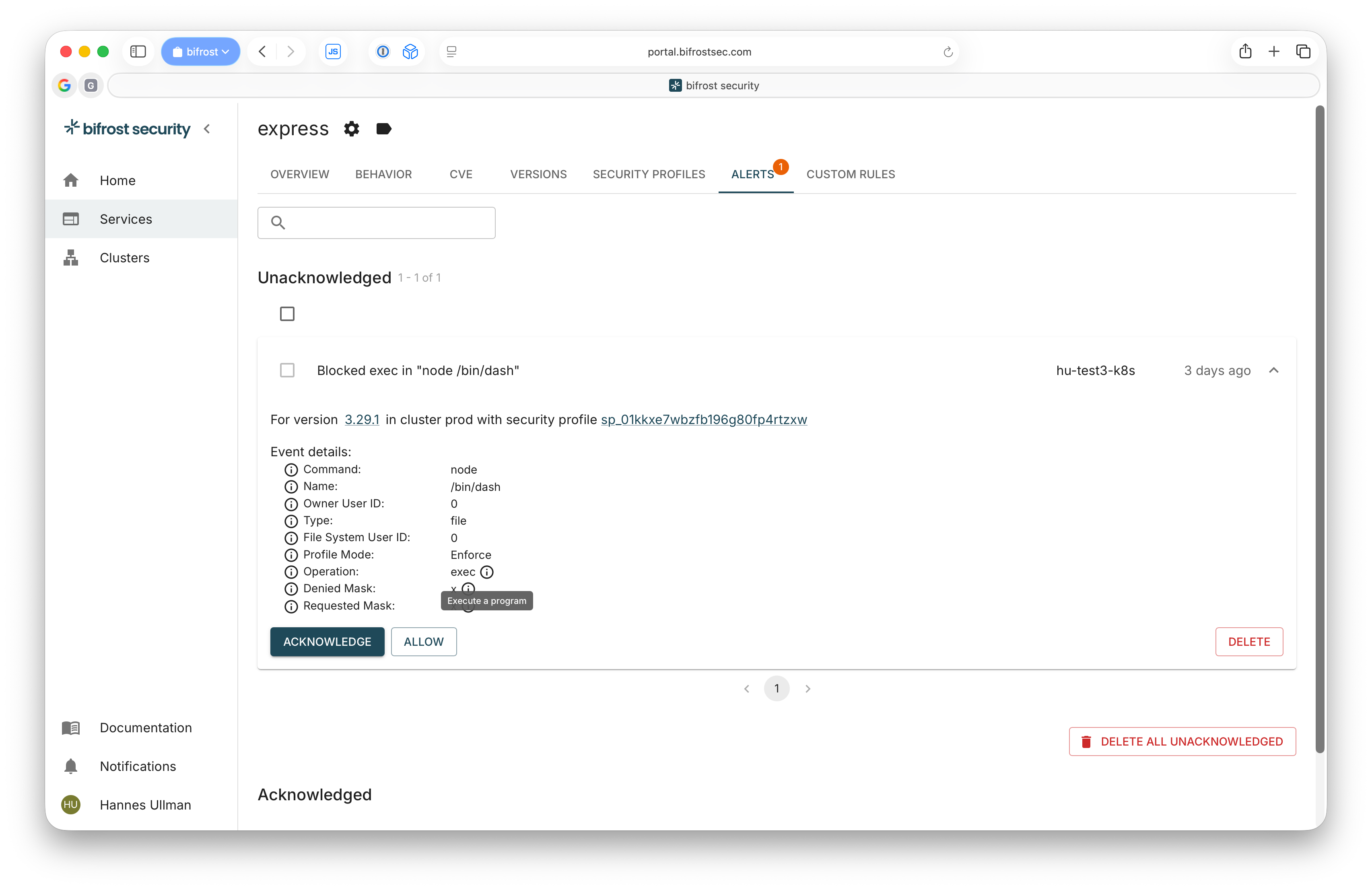 bifrost runtime event showing unauthorized behavior blocked by a runtime profile