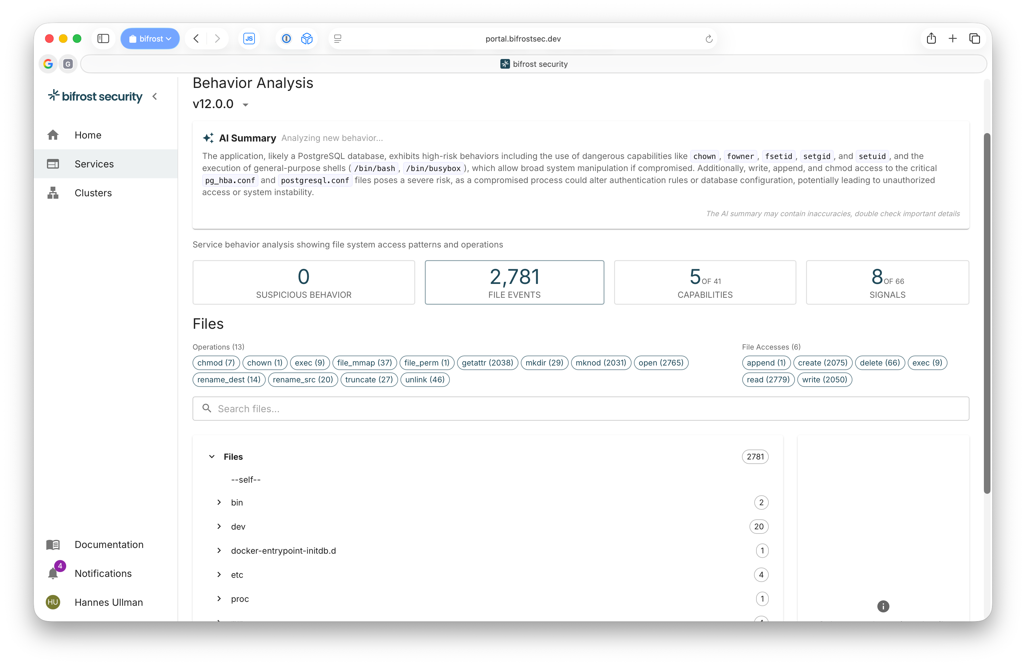 bifrost detailed workload behavior view showing system calls, file access, and network connections